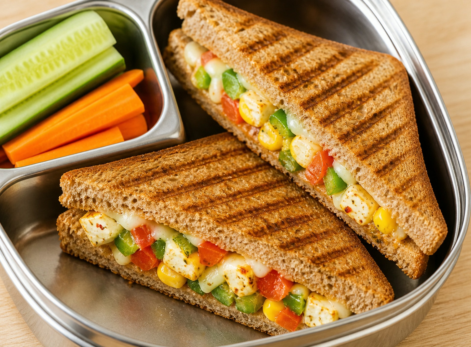 Brown bread grilled vegetable and paneer sandwich with veggie sticks