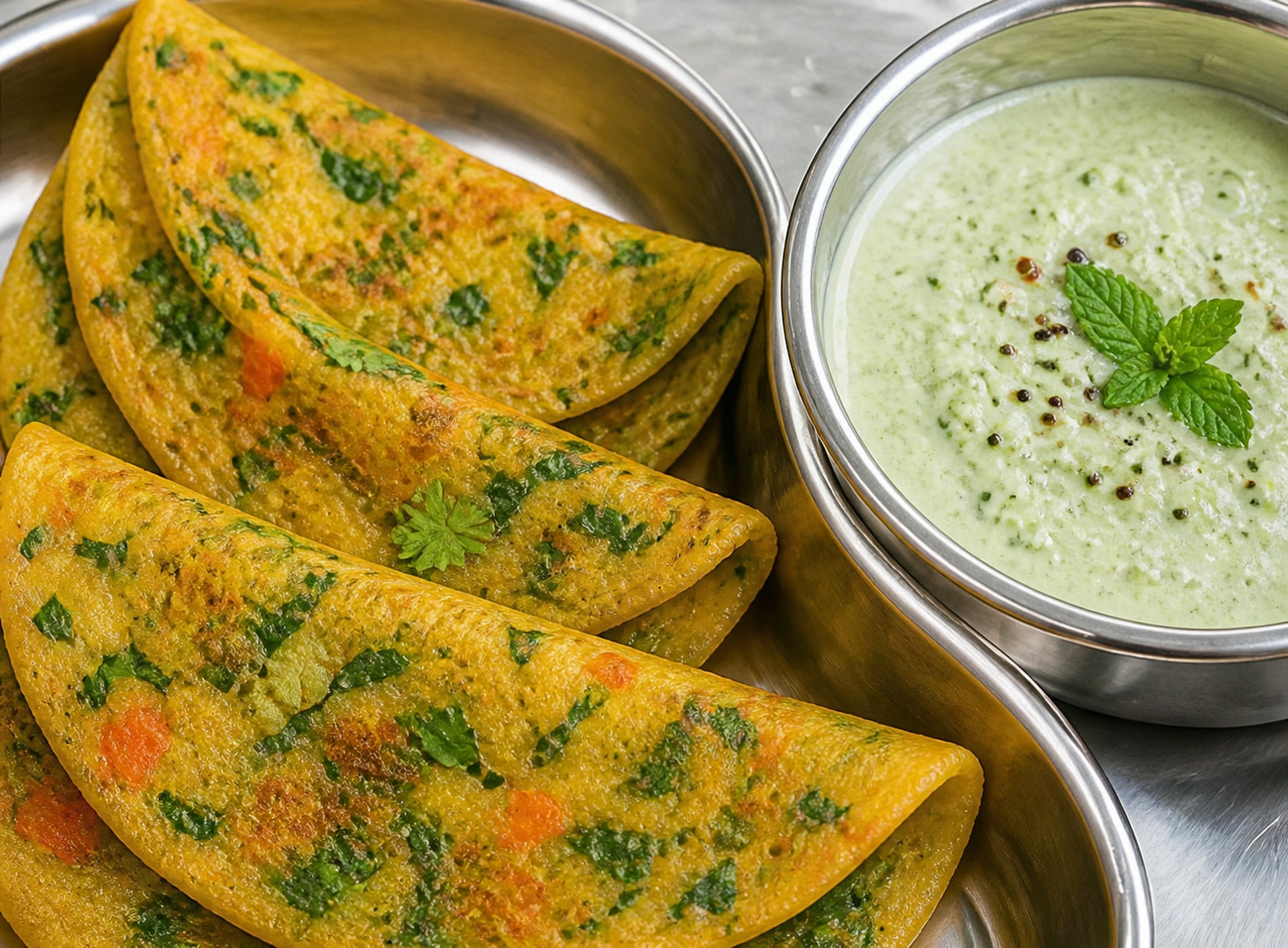 Vegetable moong dal chilla with mint yogurt chutney