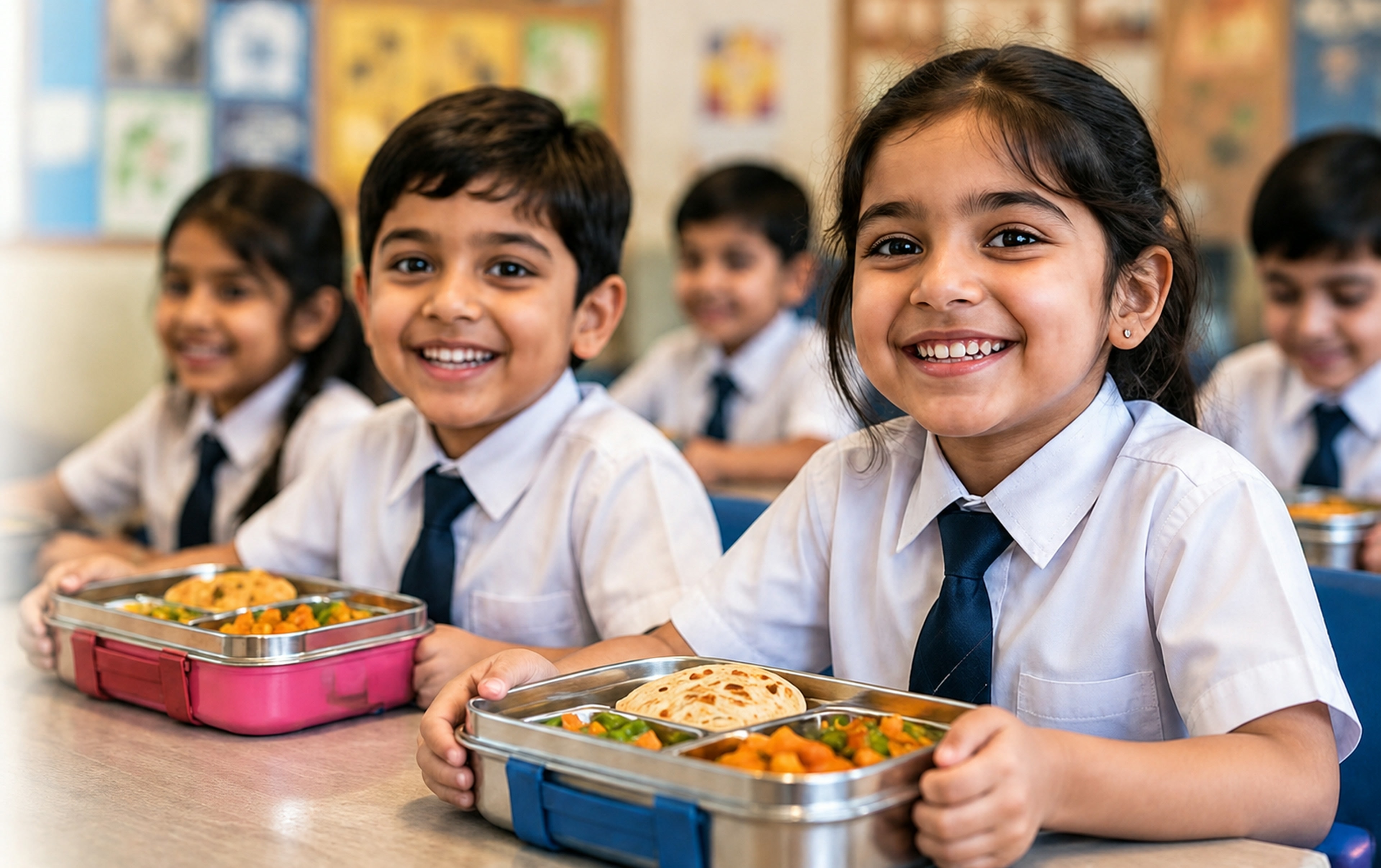 Happy Indian school children holding colourful tiffin boxes filled with Indian food; loved by 1000+ mums in Jammu